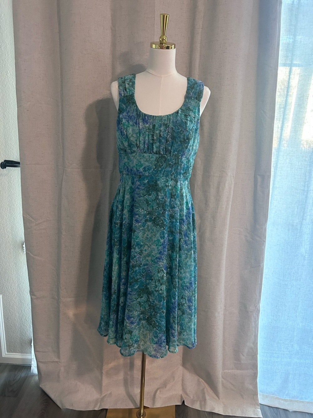 NorthStyle Teal Blue Floral Sleeveless Midi Dress with knit cardigan